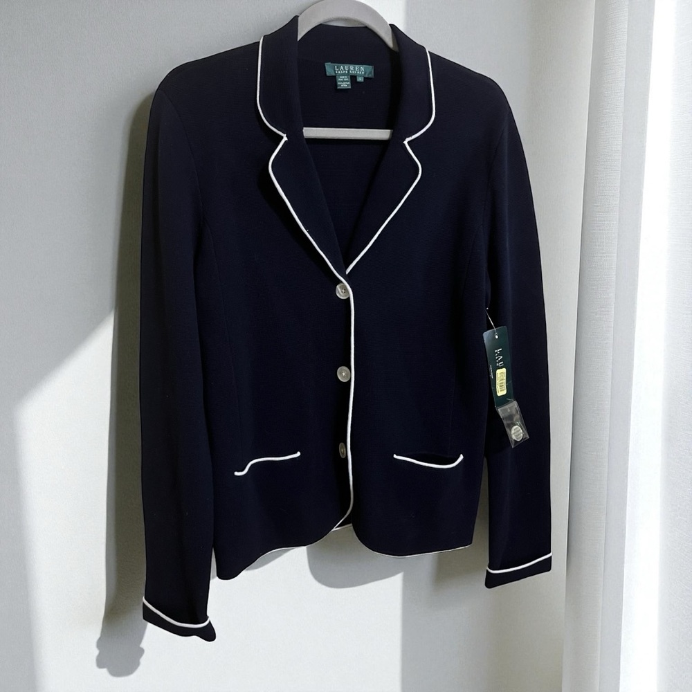 Lauren Ralph Lauren NWT Navy Cotton Button Collared Sweater Cardigan Jacket Lg
